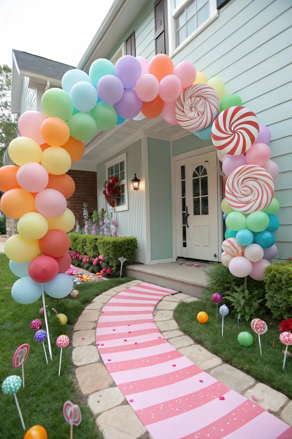 A colorful balloon arch resembling candy hues welcomes guests.