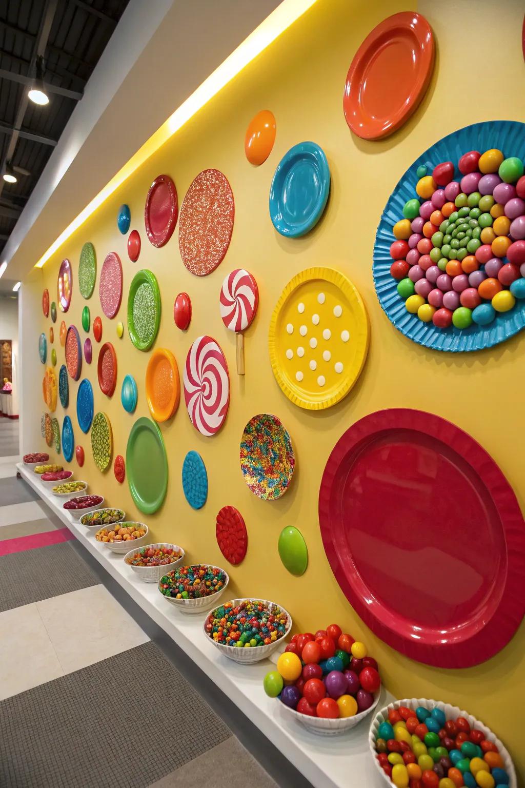 Brightly colored plates wrapped like candies add charm to walls.
