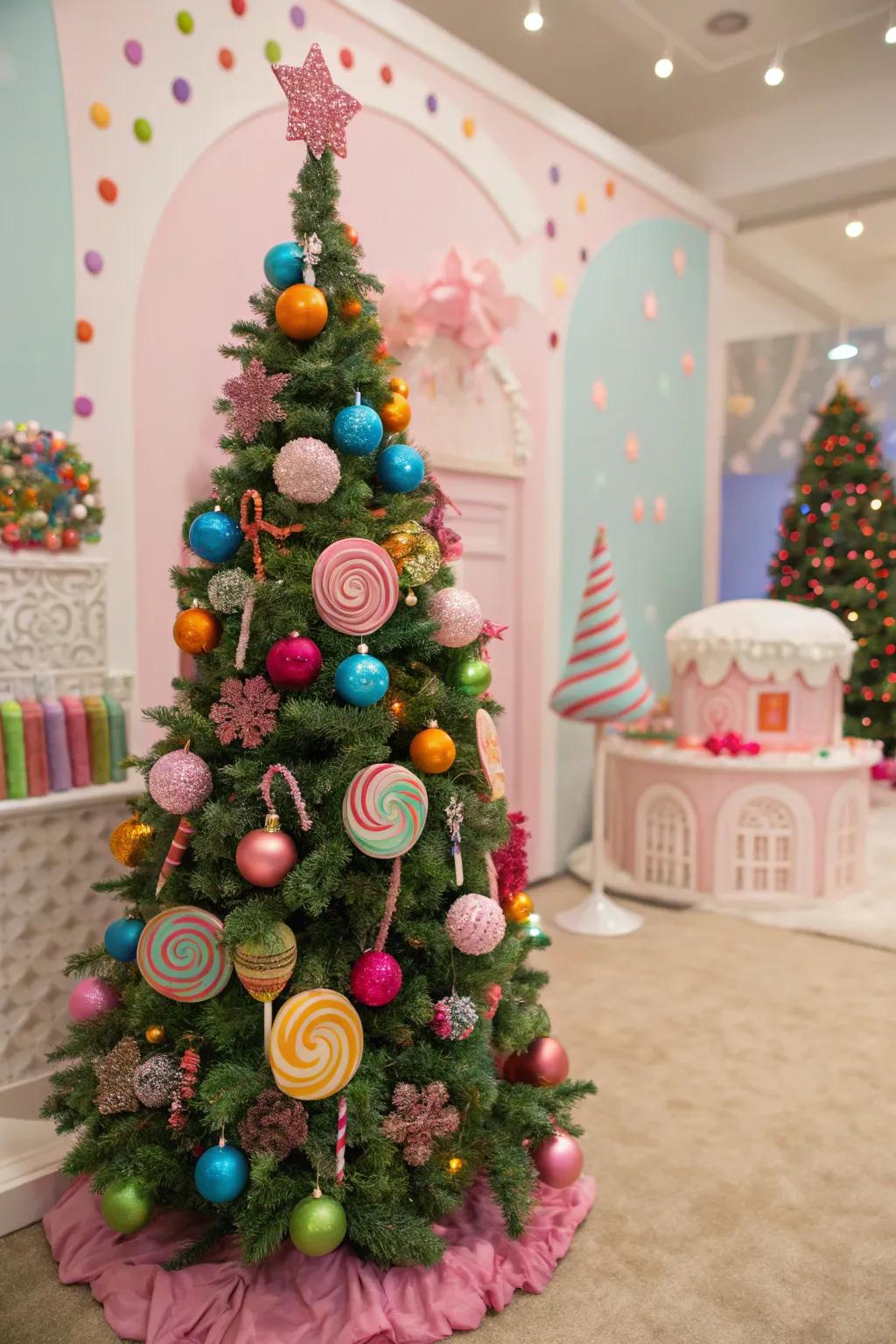Candy sprays add a playful touch to holiday trees.