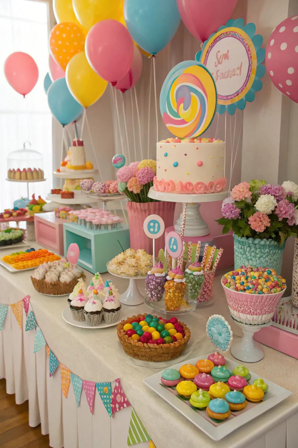A dessert table bursting with colorful candy-themed treats.
