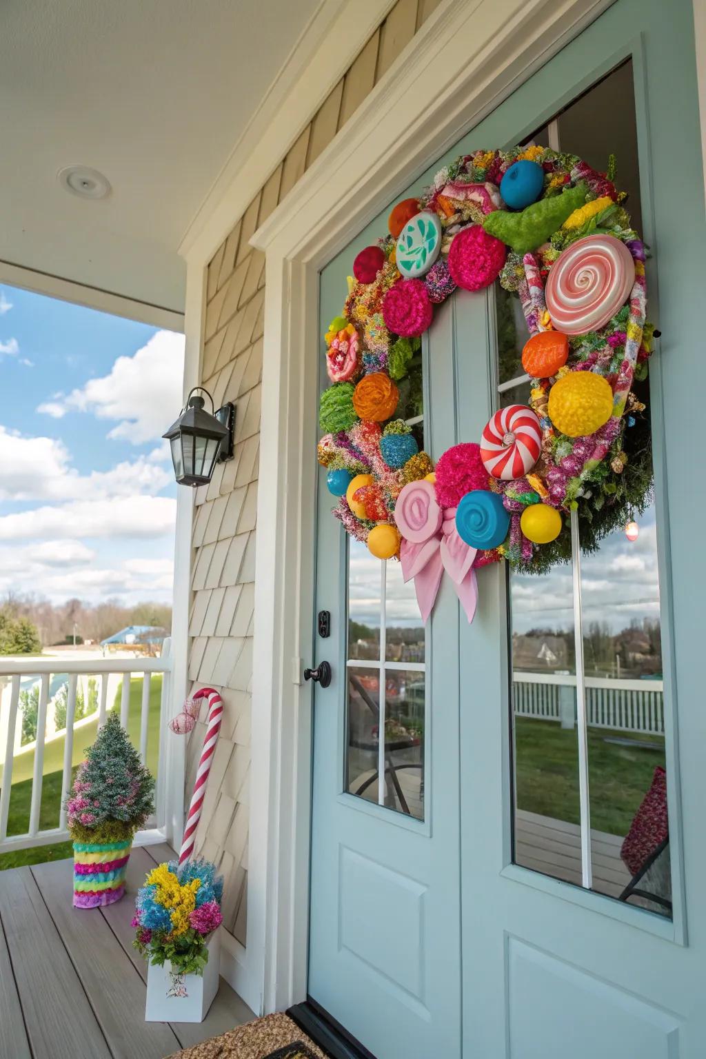 A bright and cheerful candyland wreath welcomes guests.