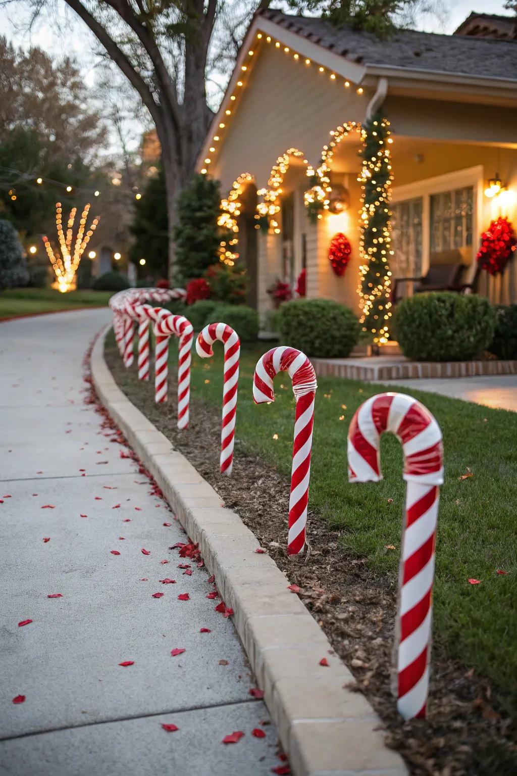 Candy cane borders add a festive frame to walkways.