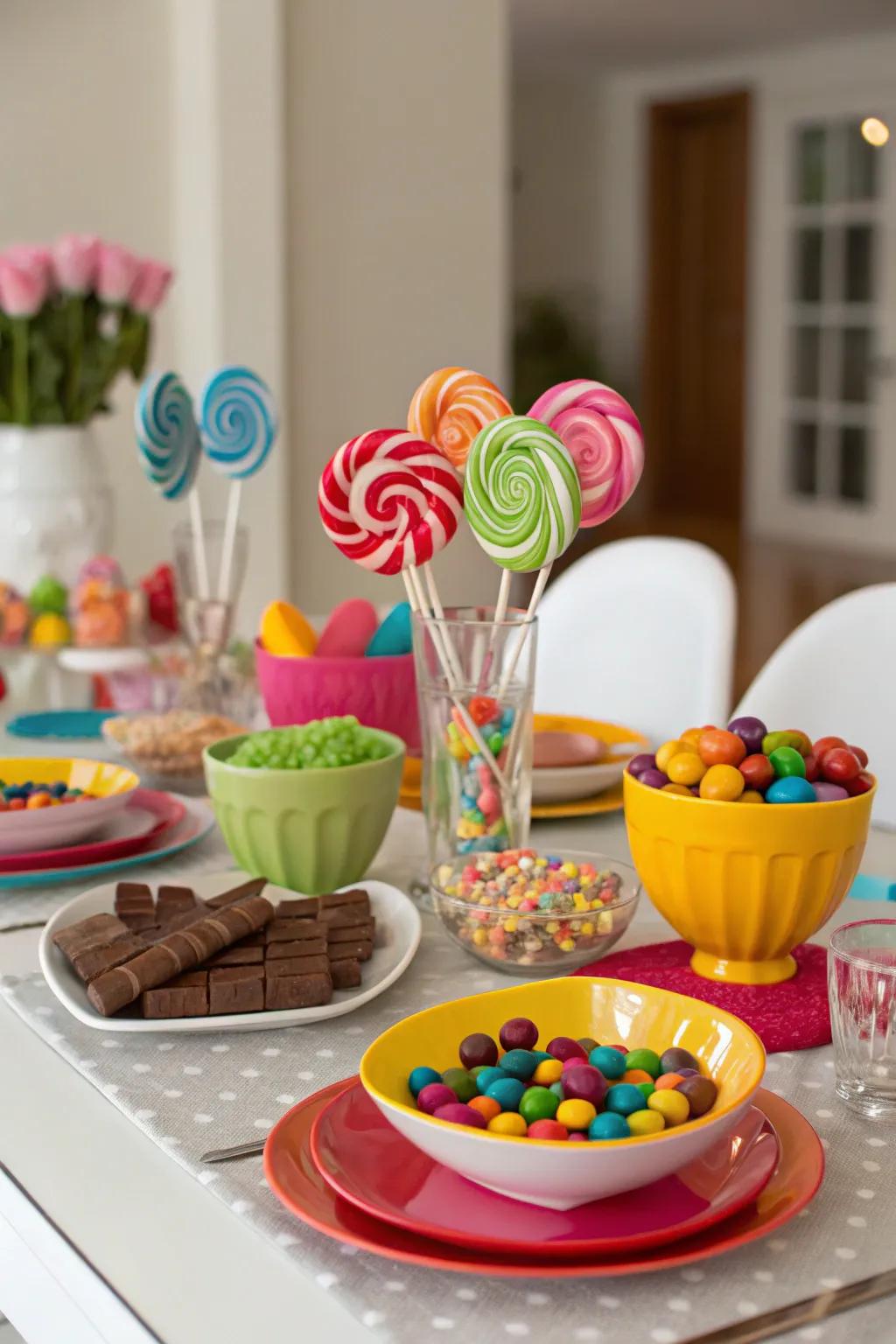 Candy-inspired table settings create a fun dining experience.