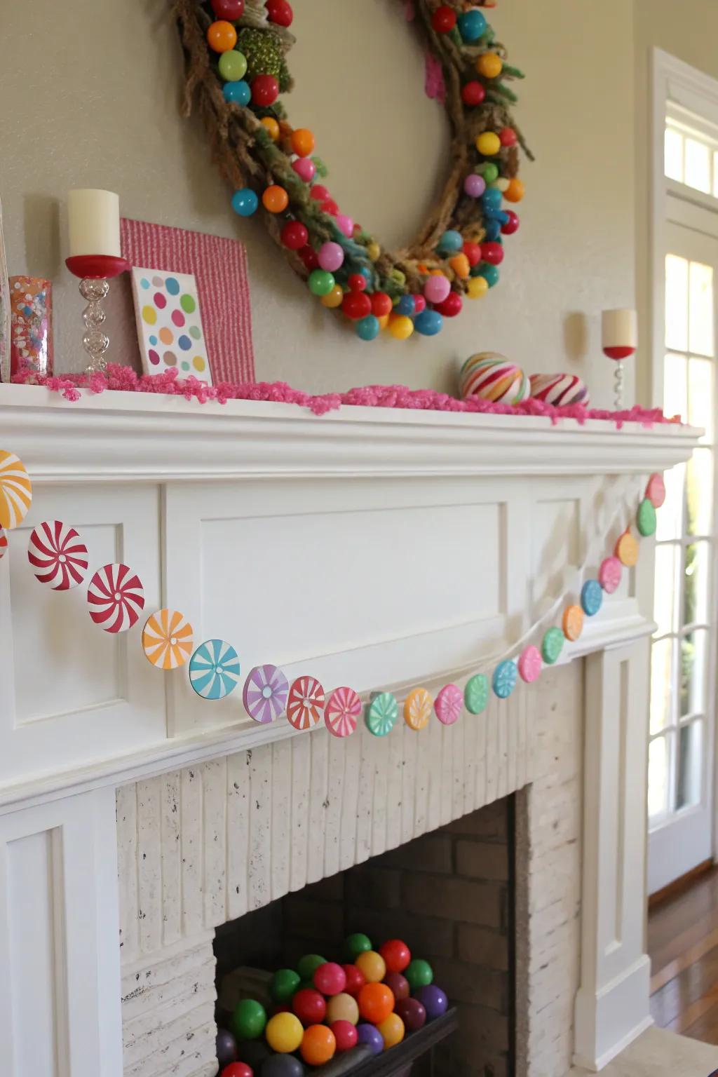 A colorful candyland garland adds charm to a mantel.