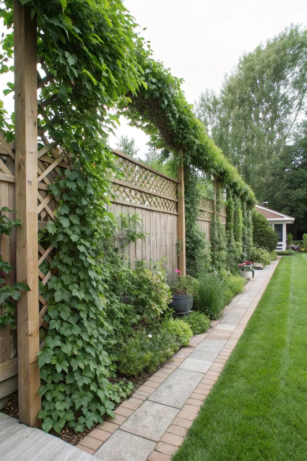 Vines climbing on trellises creating a green wall.