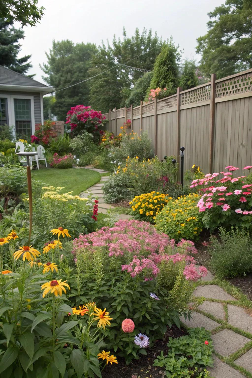 A garden with mixed perennials providing privacy and seasonal color.
