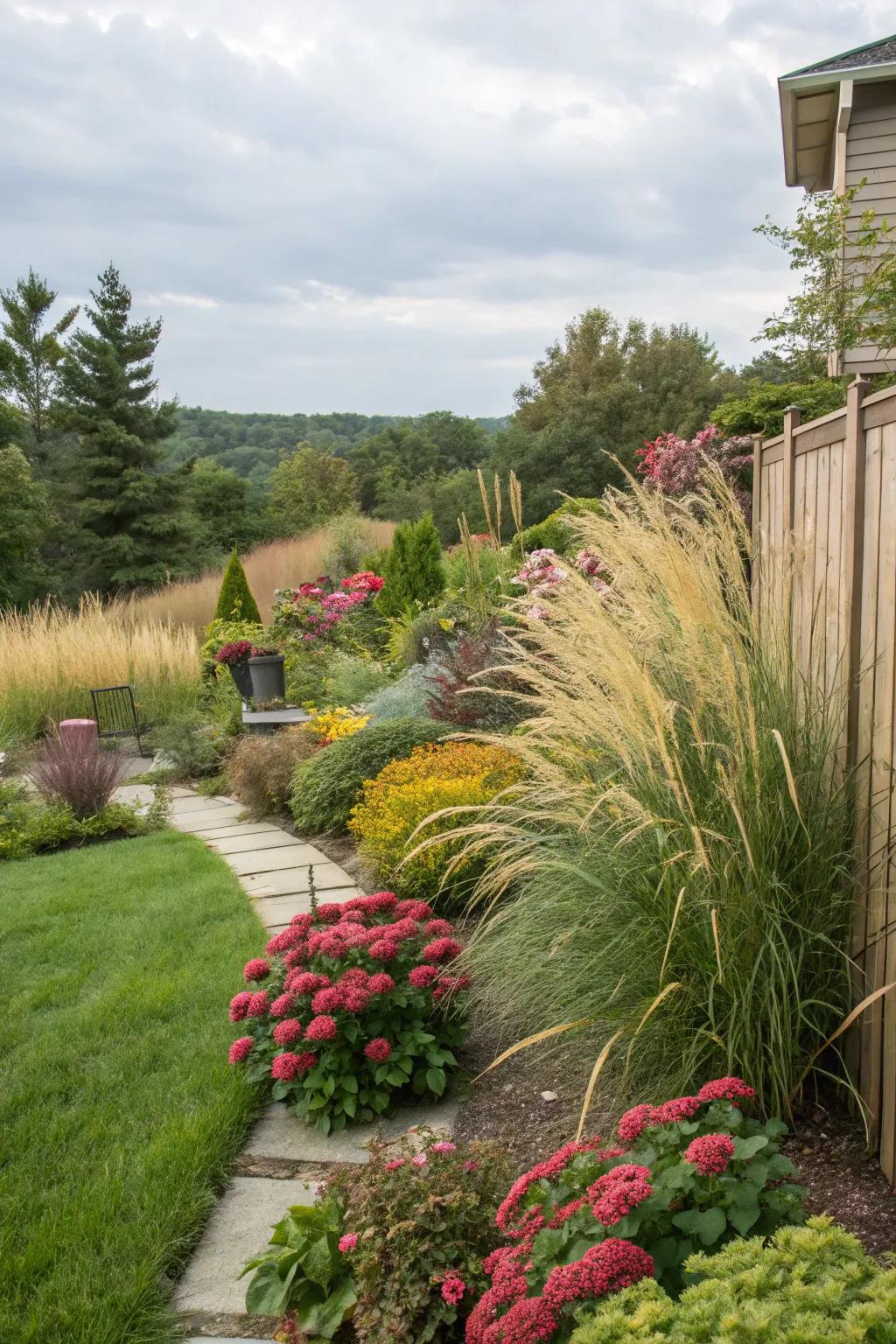 Layered garden with ornamental grasses and flowering shrubs.