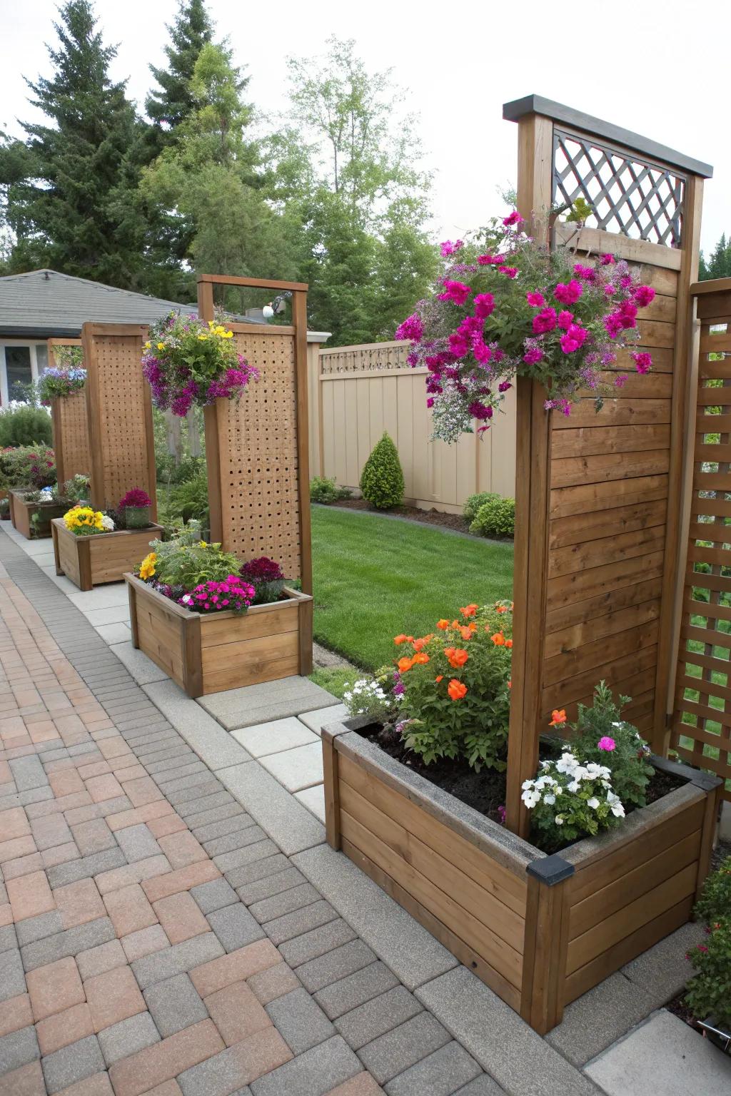 Privacy screens integrated with planters for a stylish look.