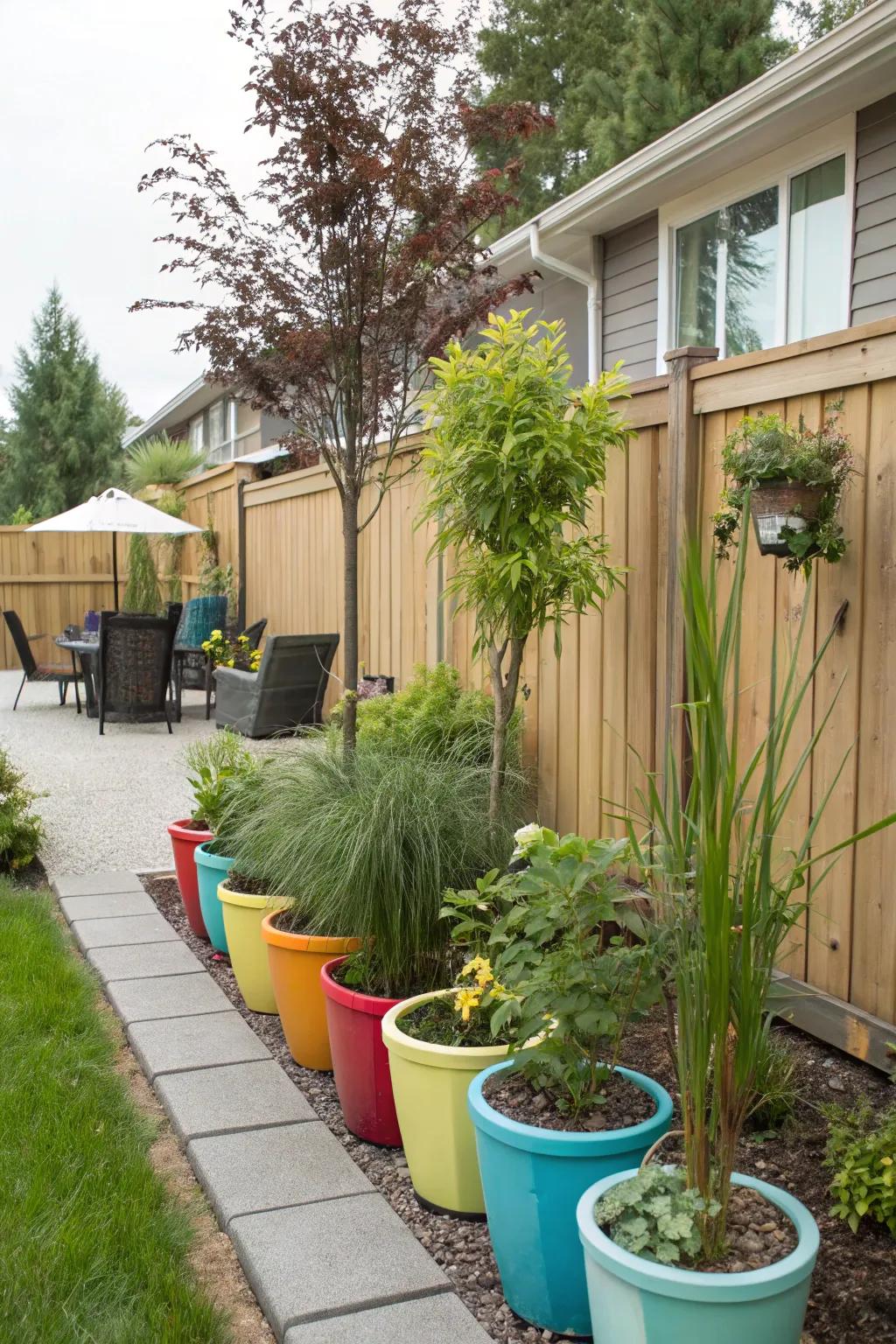 Container plants offering adaptable privacy solutions.