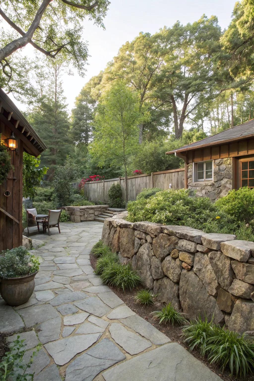 Natural stone wall providing rustic charm and privacy.
