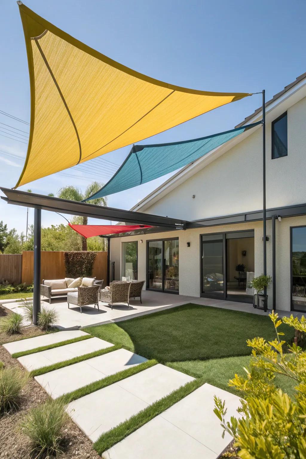Shade sails providing contemporary privacy and sun protection.