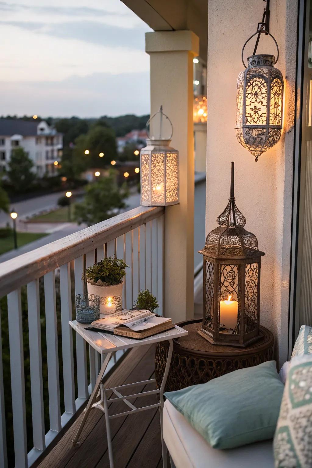 Use lanterns and small tables to create a welcoming atmosphere.