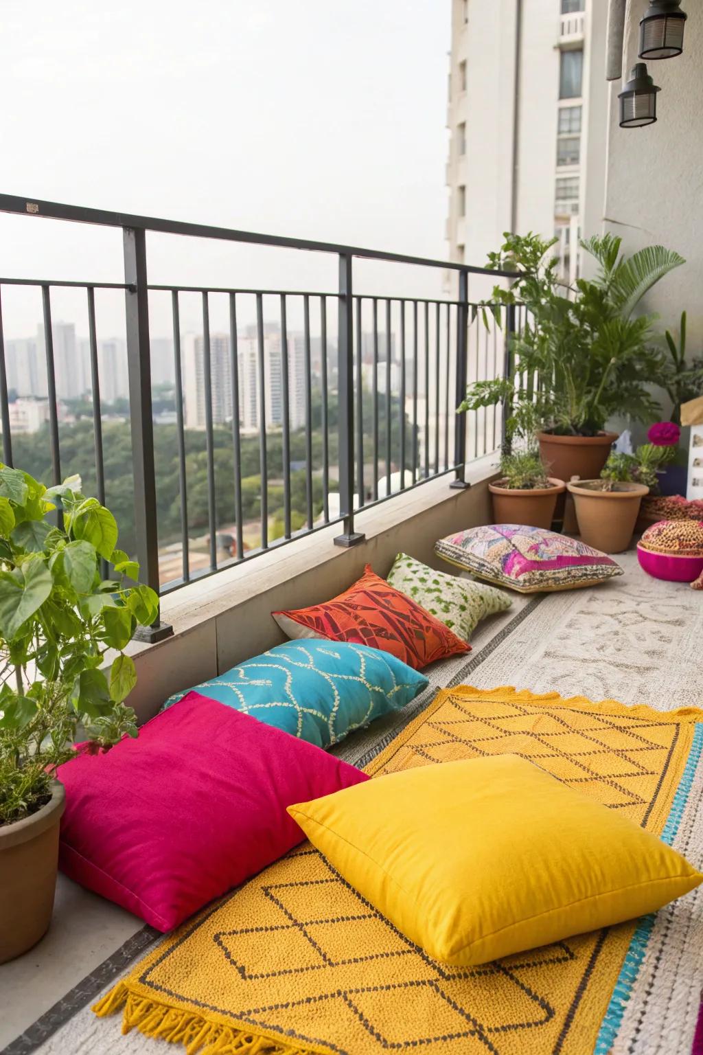 Use bright cushions and rugs to energize your balcony.