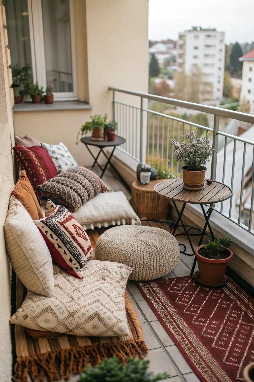 Combine various textures in textiles to enrich your balcony's look.