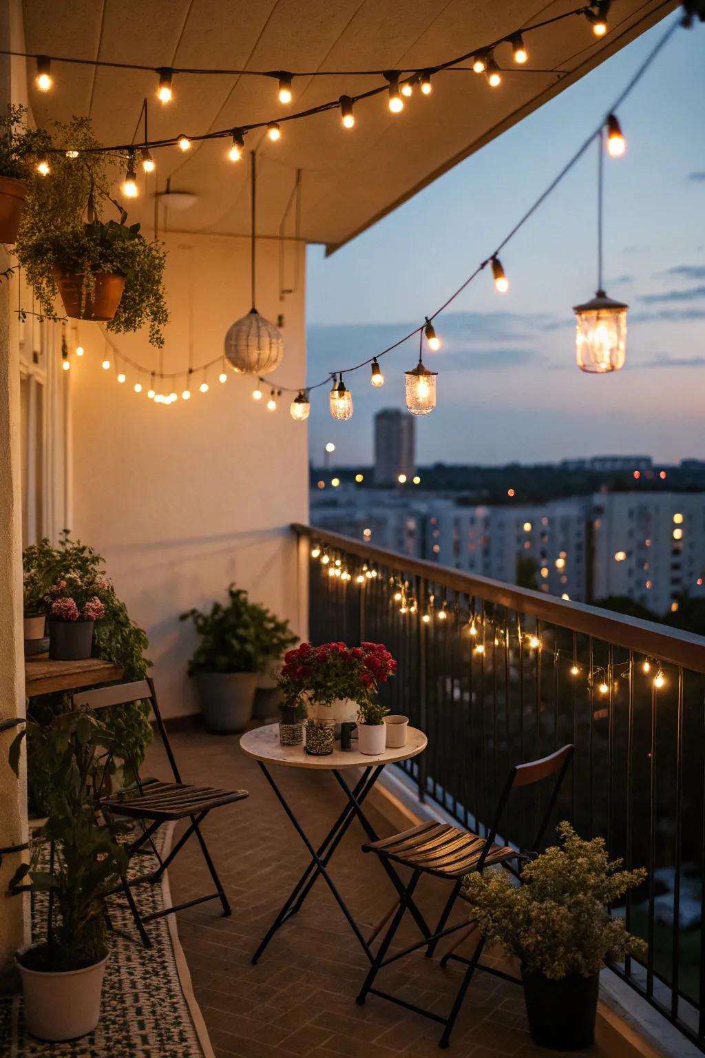 String lights create a magical atmosphere for your balcony.
