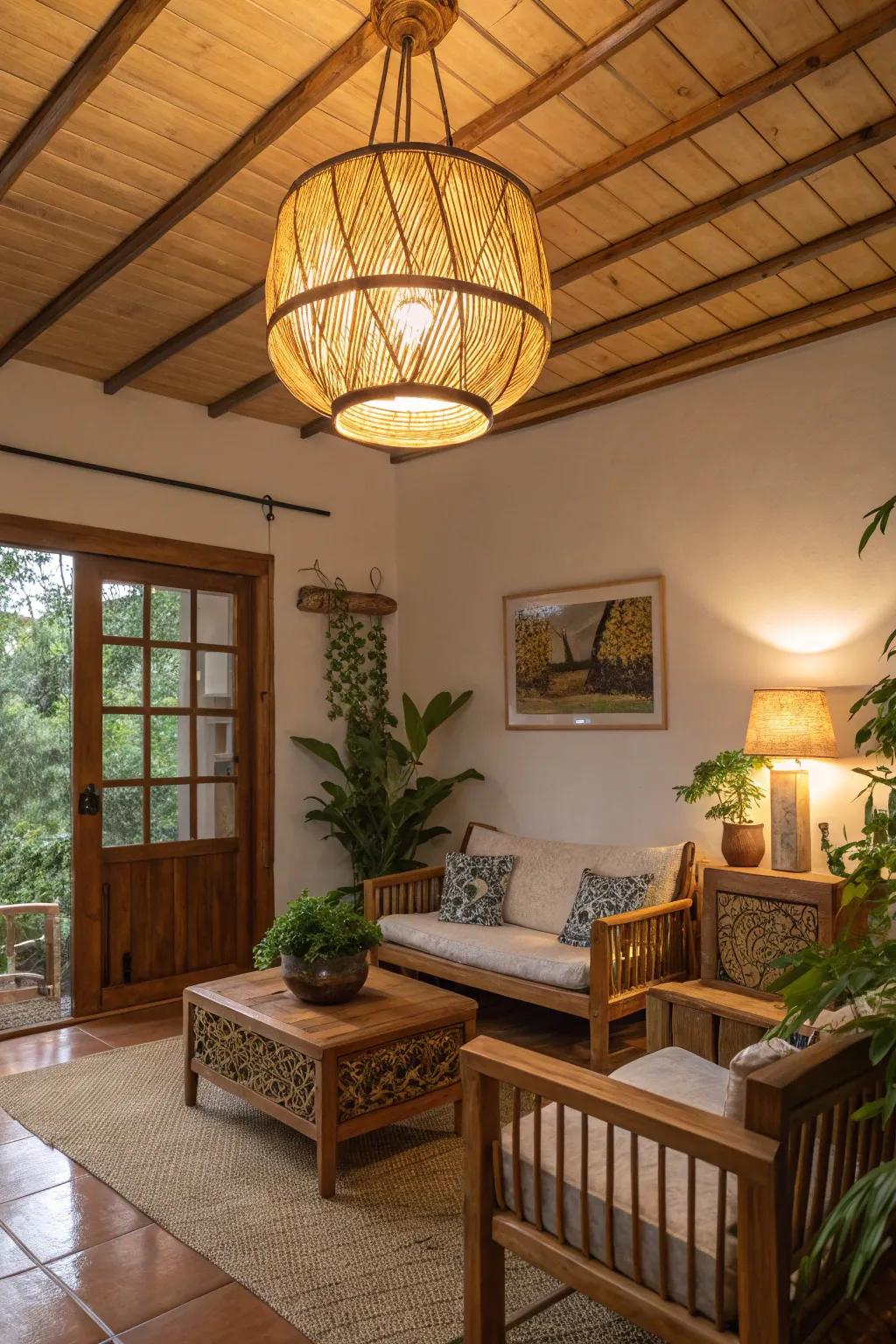 Natural materials in lighting create a cozy, earthy vibe.