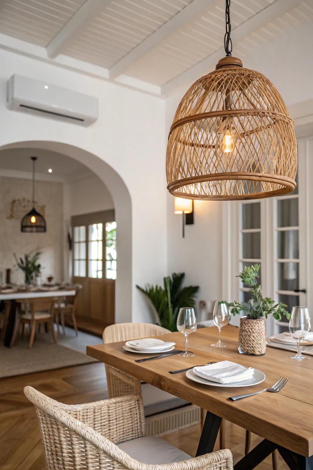 Rattan pendants add natural texture and warmth.