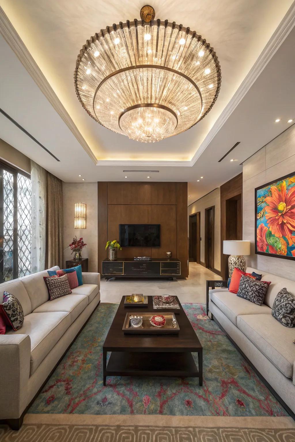 Statement lighting transforms the room's atmosphere.
