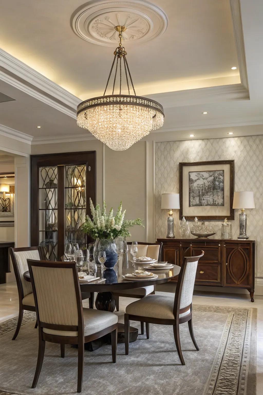 Transitional lighting merges classic and modern elements.