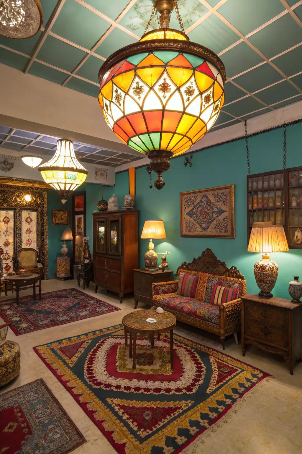 Retro lighting adds playful nostalgia.
