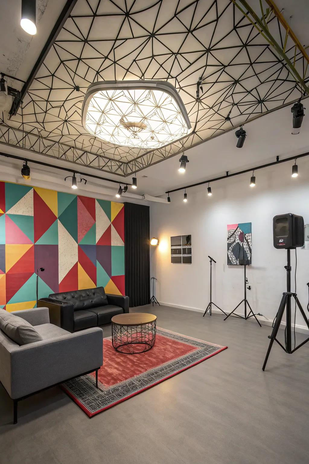 Geometric lighting adds a modern artistic touch.