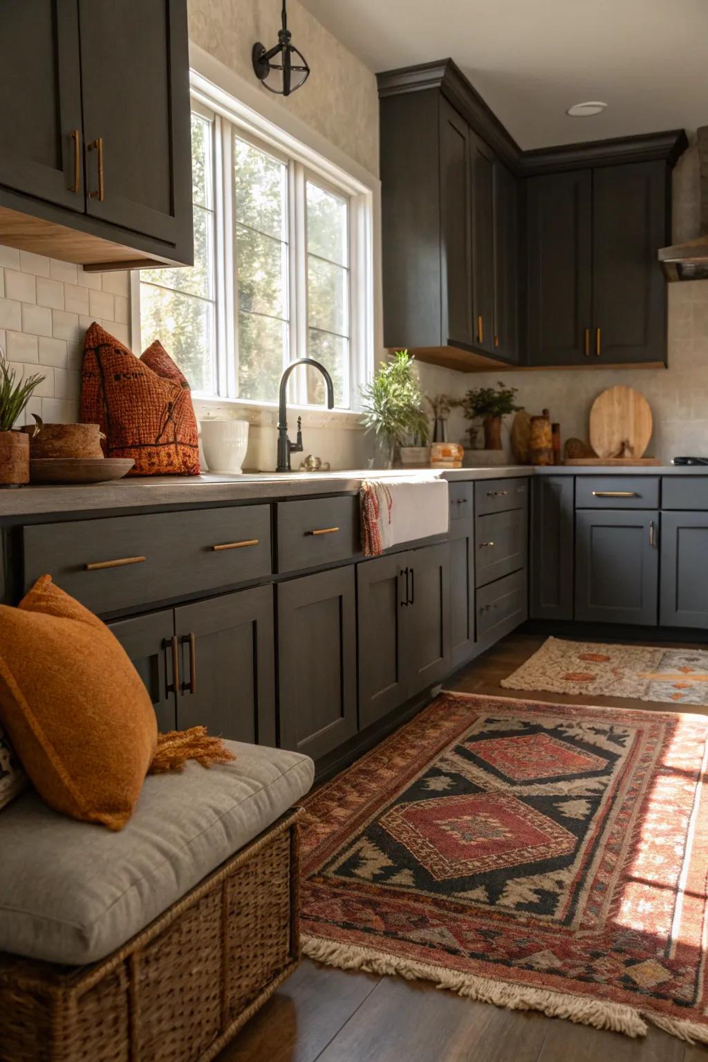 Warm decorative elements complementing the coolness of dark gray cabinets.