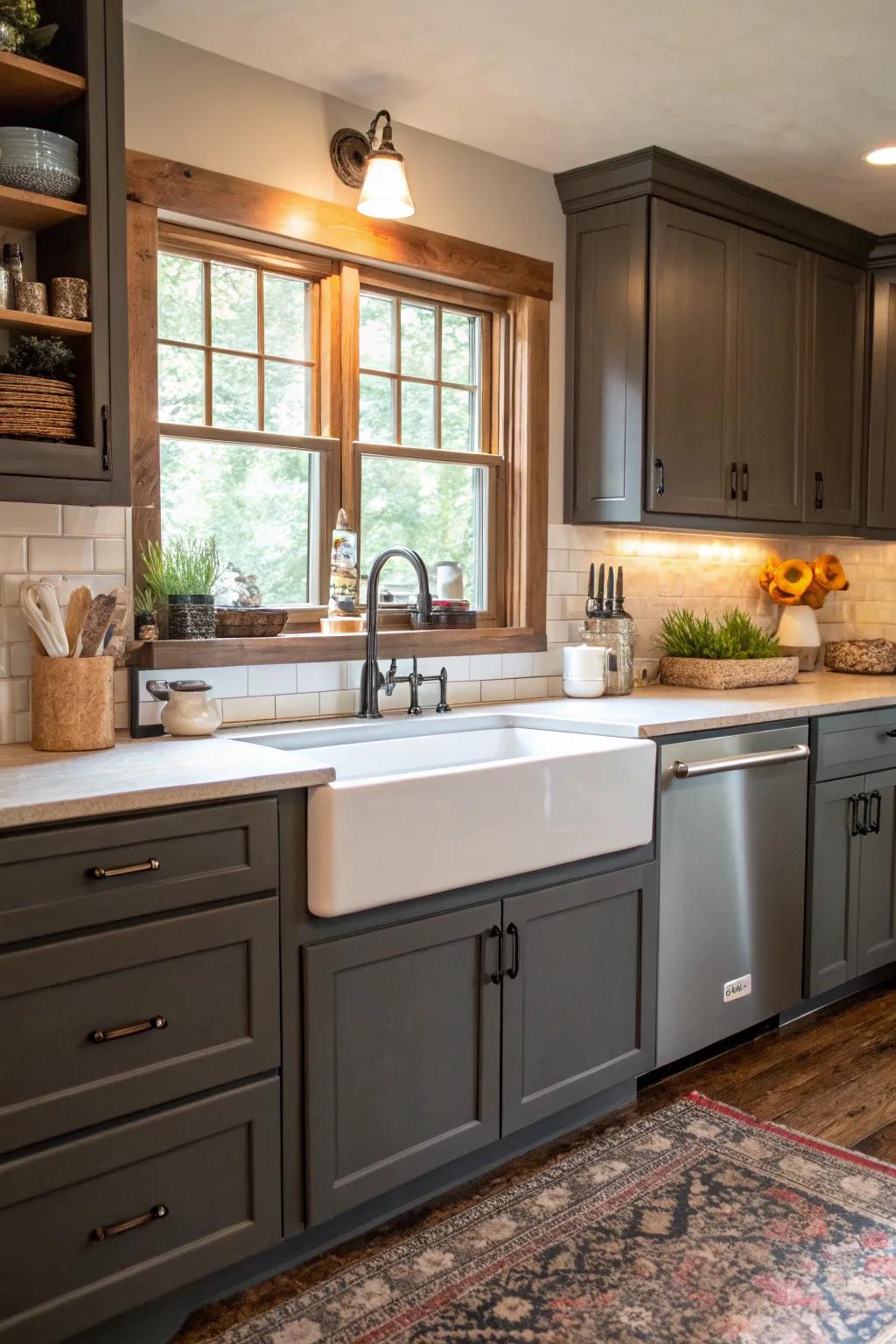 Rustic farmhouse sink paired with modern dark gray cabinets.