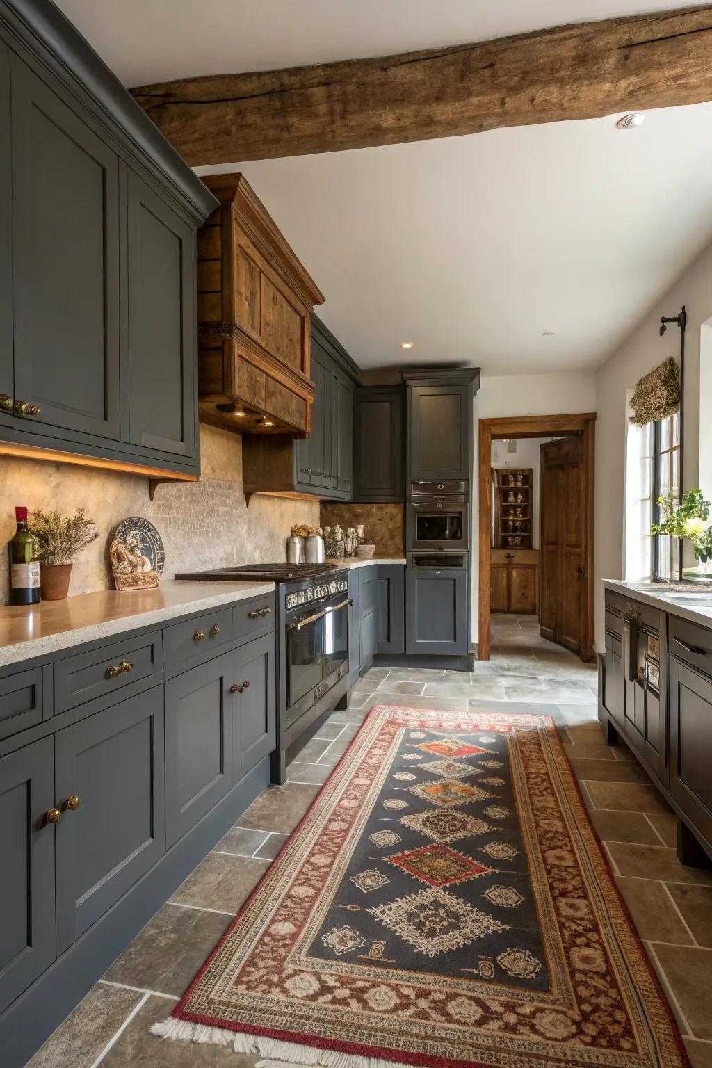 Traditional kitchen featuring dark gray cabinets paired with warm wood accents.