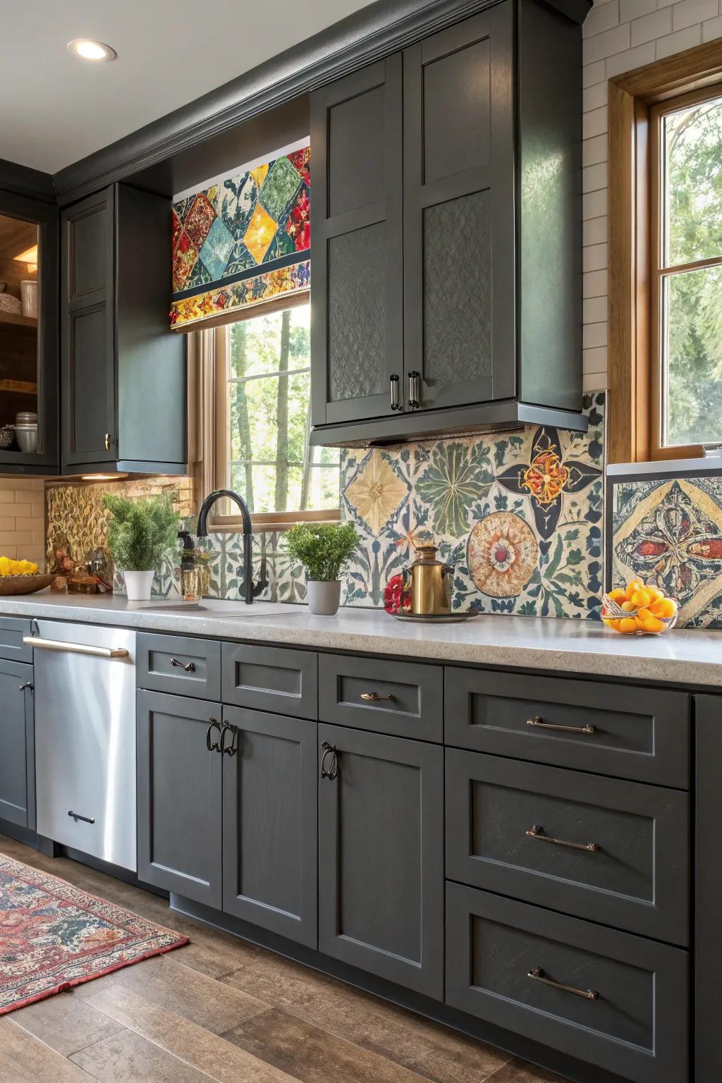 Handmade artisan tiles creating a unique backsplash behind dark gray cabinets.