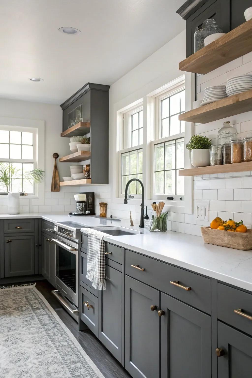 Dark gray cabinets paired with bright white countertops for a striking contrast.
