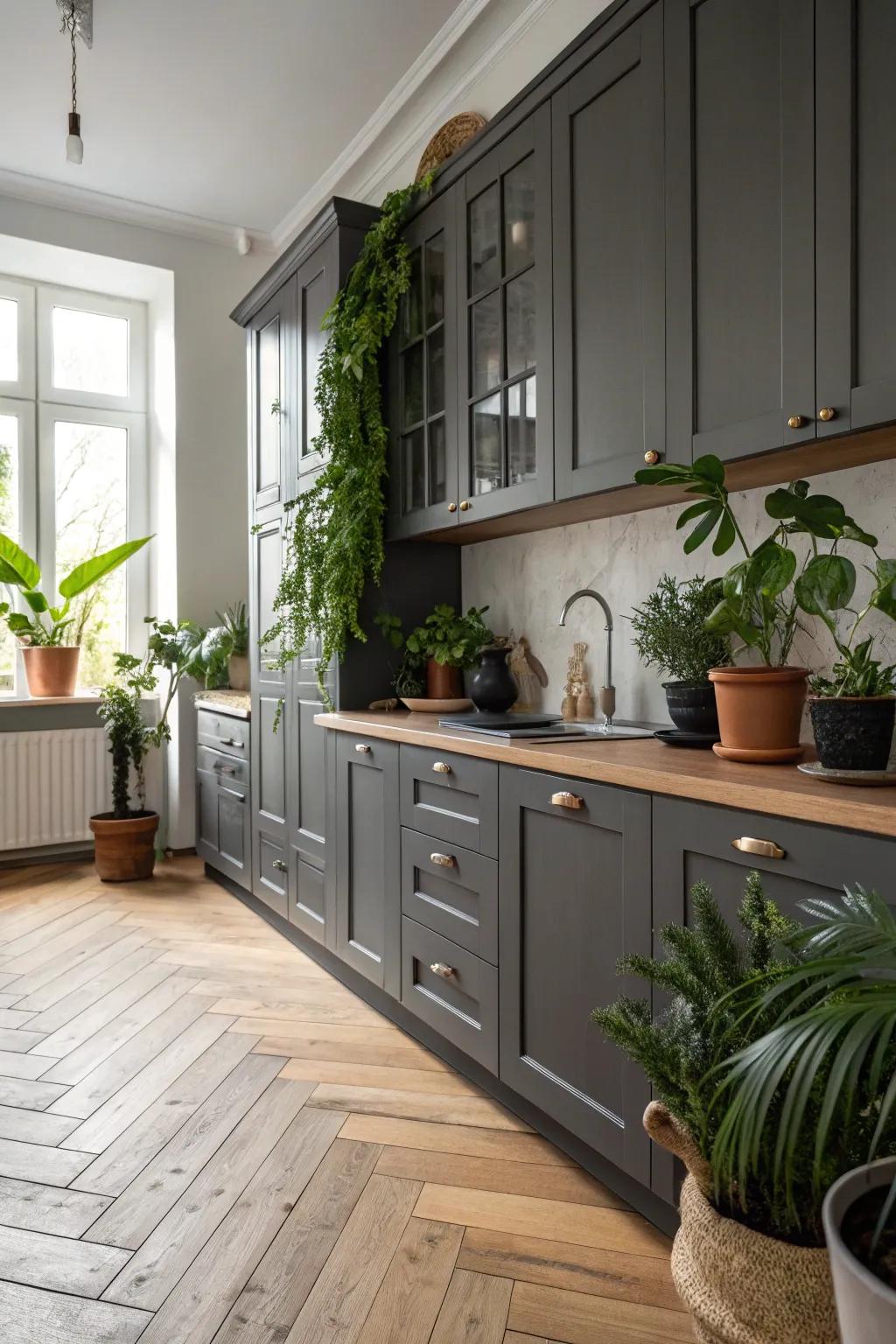 Natural wood flooring and plants complementing dark gray cabinetry.