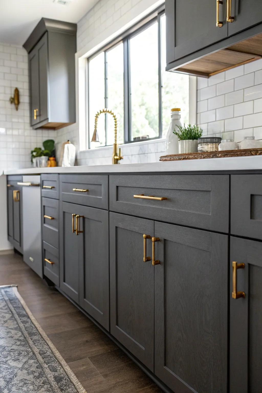 Dark gray cabinets accented with luxurious brass hardware.