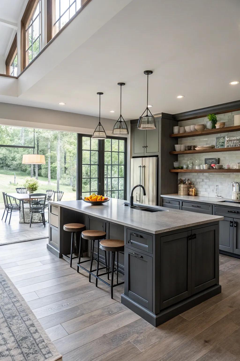 Dark gray kitchen island serving as a bold centerpiece.