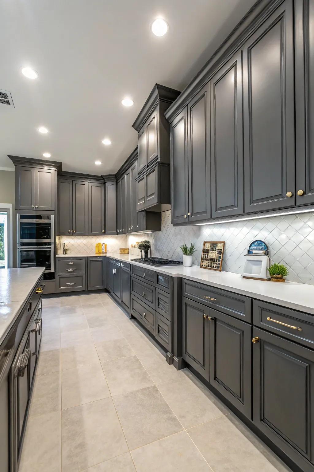 Well-planned kitchen layout combining style and usability with dark gray cabinets.
