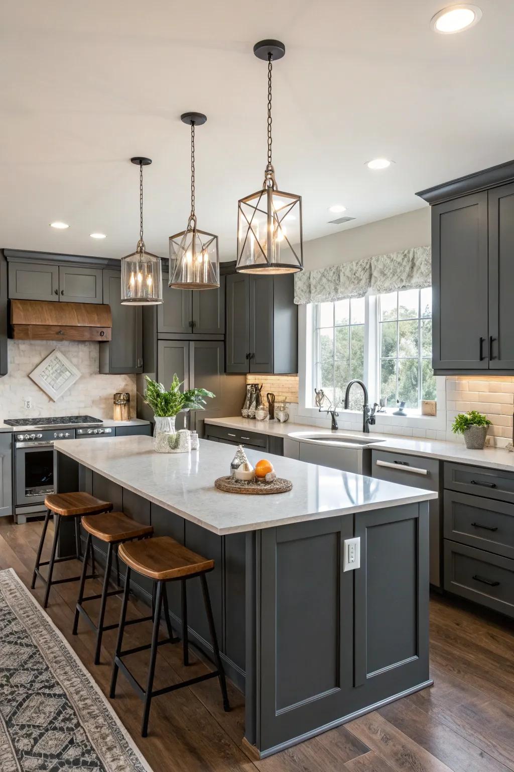 Pendant lights accentuating dark gray cabinetry with warm glow.