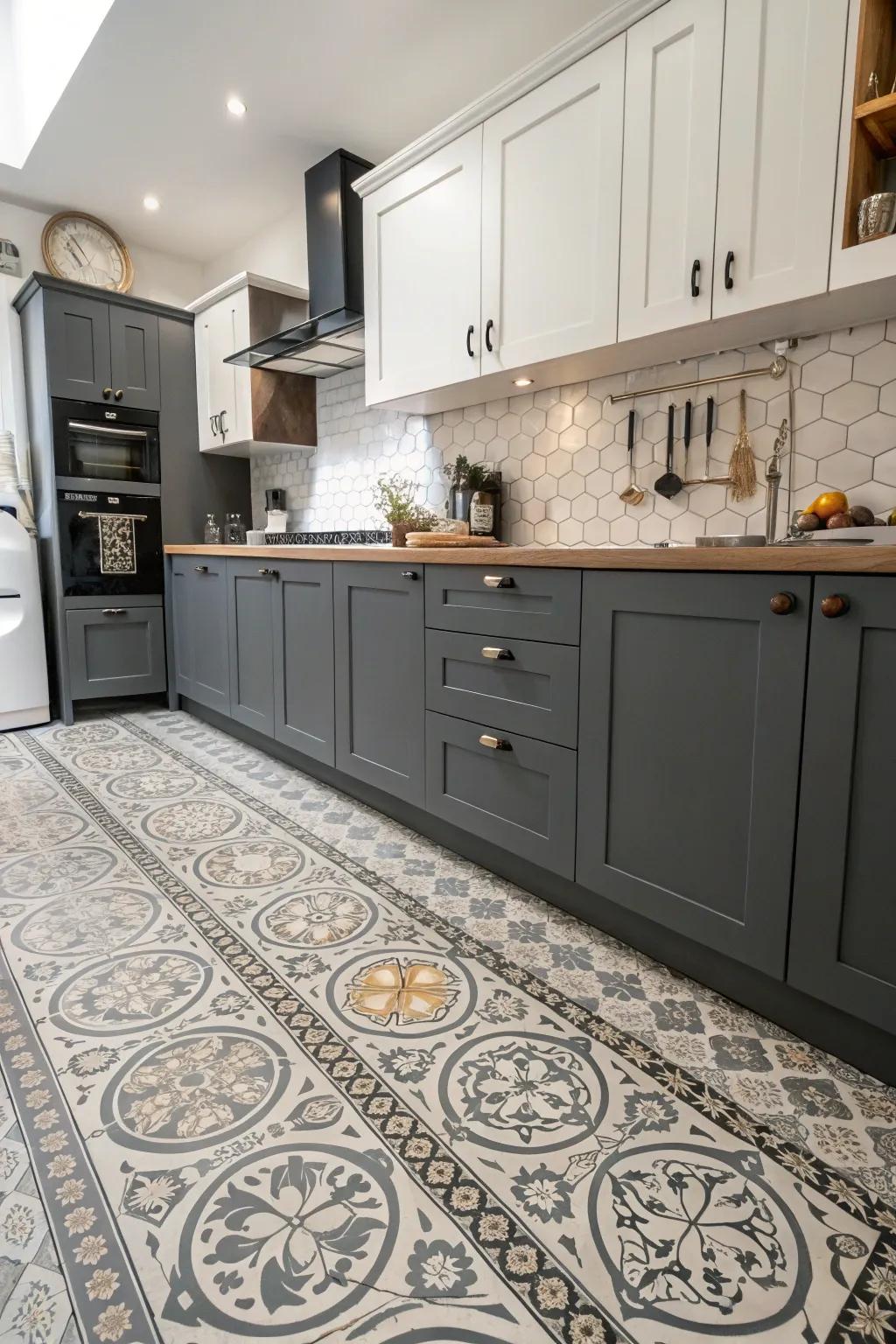 Patterned flooring adding energy and style beneath dark gray cabinets.