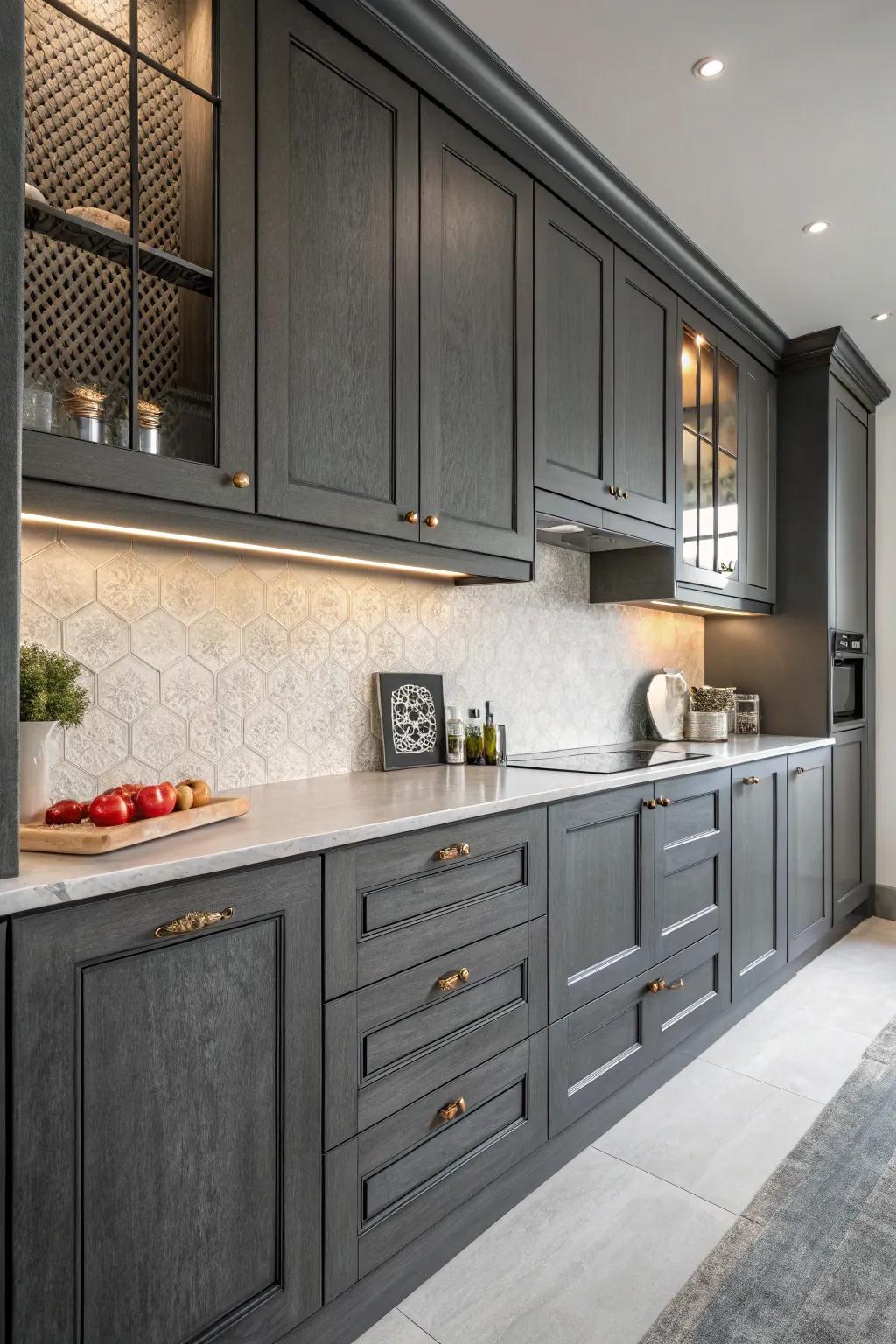 Subtle textured finishes adding depth to dark gray cabinetry.