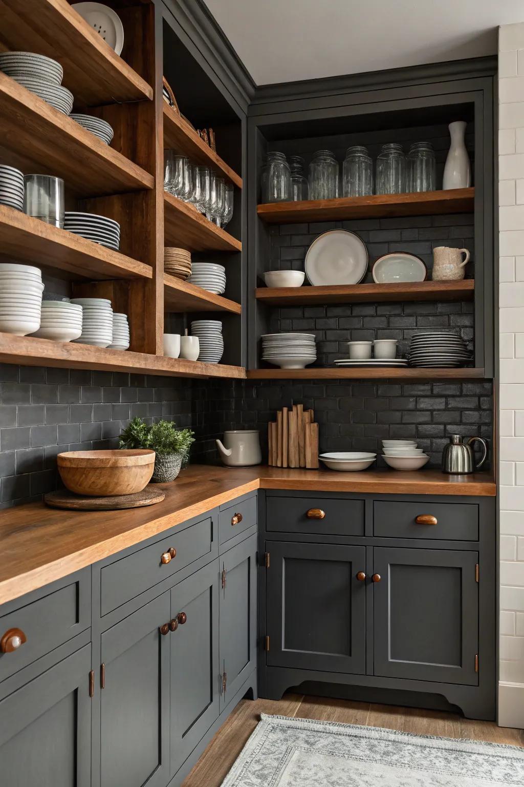 Dark gray cabinets paired with open shelves displaying stylish dishware.