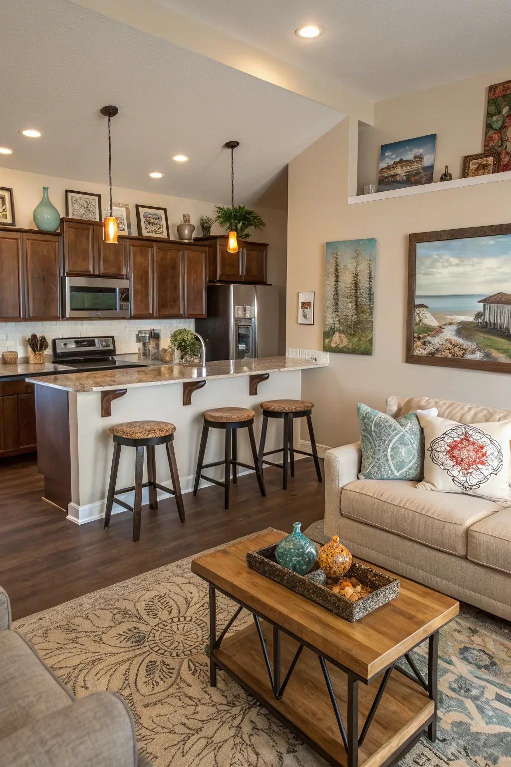 Personalized decor adds character to open spaces.