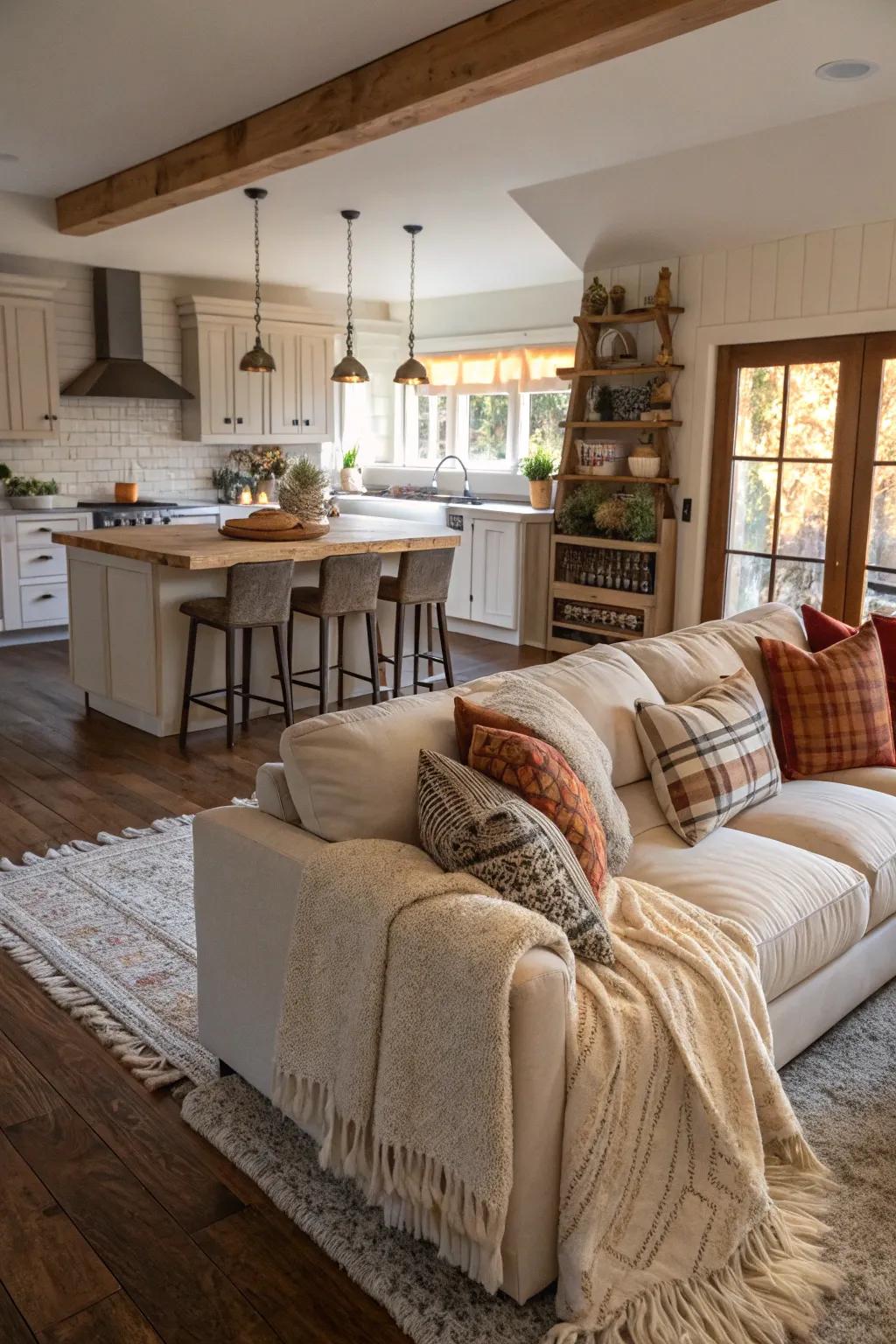 Textiles add warmth and comfort to open living areas.