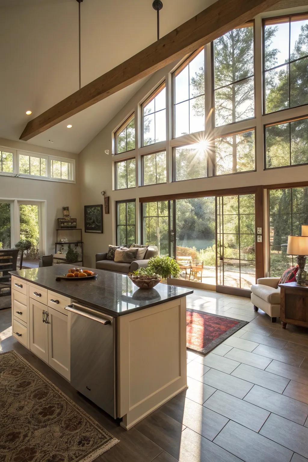 Natural light brightens open kitchen and living areas.