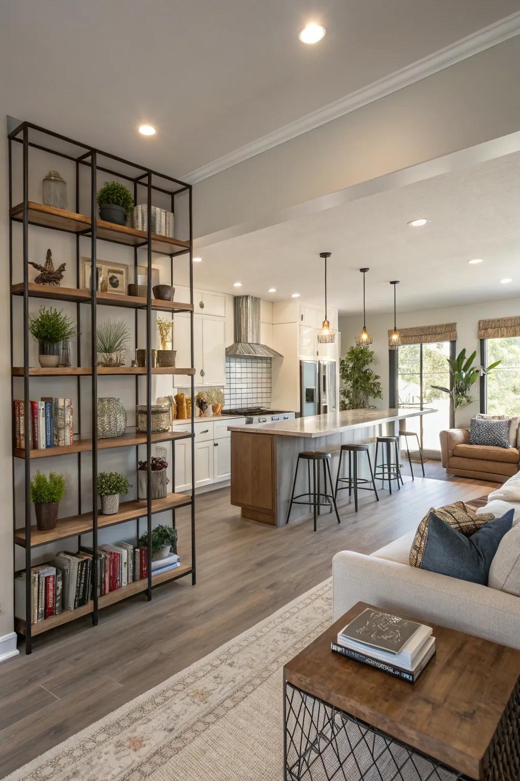 Open shelving as a subtle room divider.