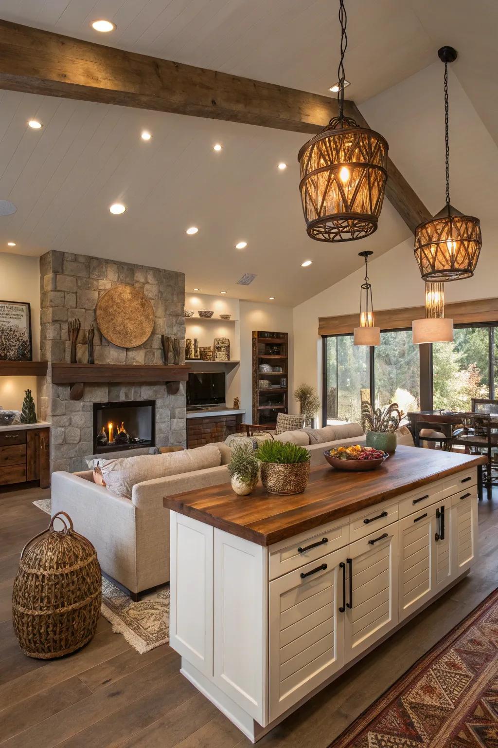 Artisanal decor adds distinctiveness to open concept rooms.