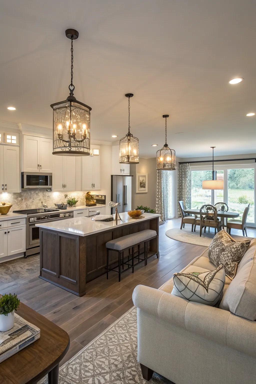 Elegant lighting fixtures enhance open concept areas.