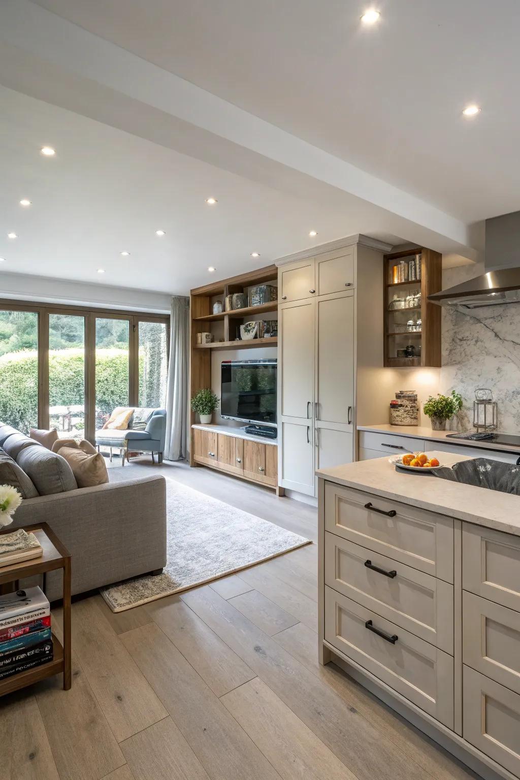 Smart storage keeps open spaces organized.