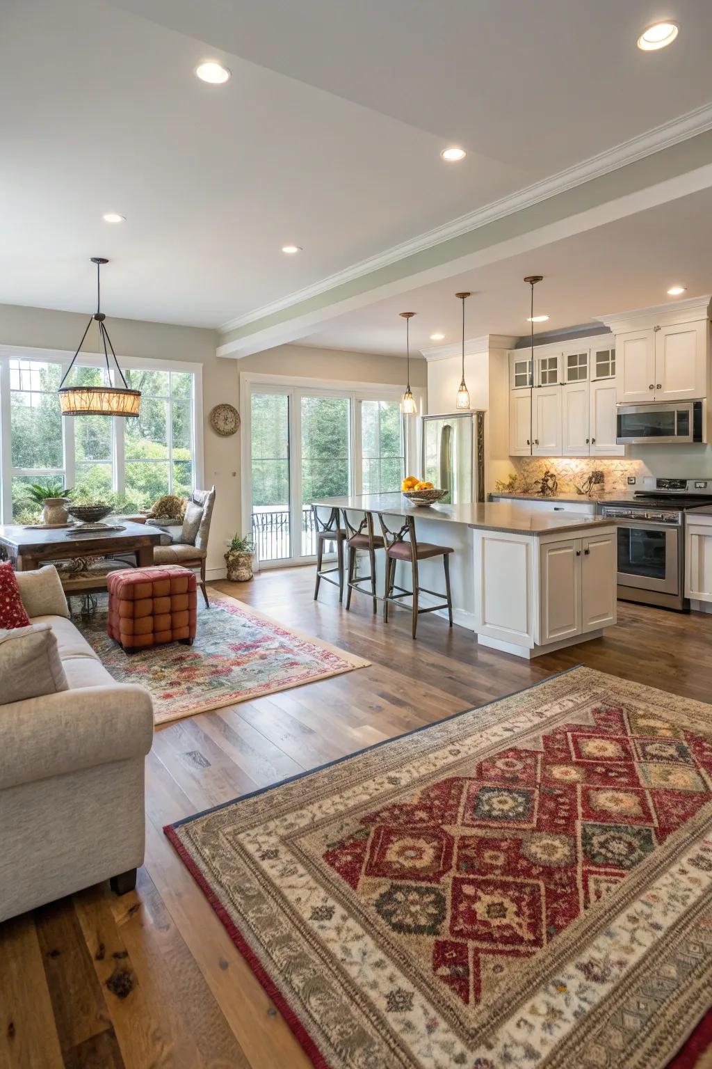 Area rugs delineate spaces in open concept rooms.