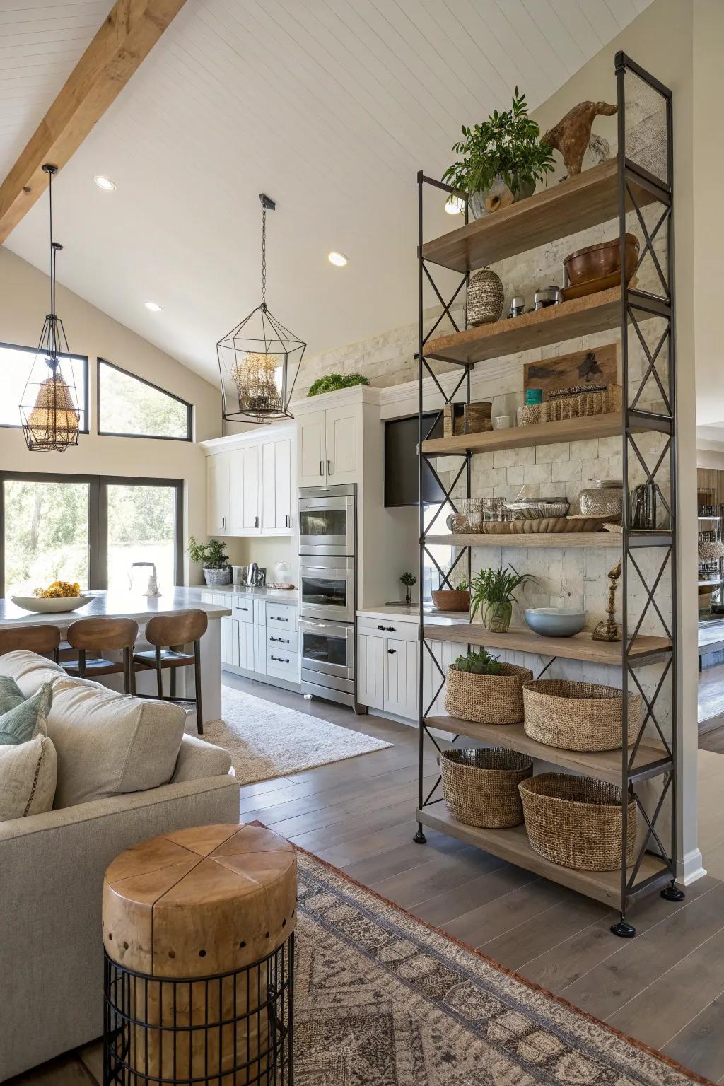 Tall shelves and hanging decor maximize vertical space.