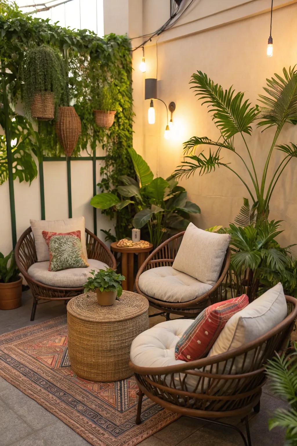 Cozy corners with cushions and plants invite relaxation.
