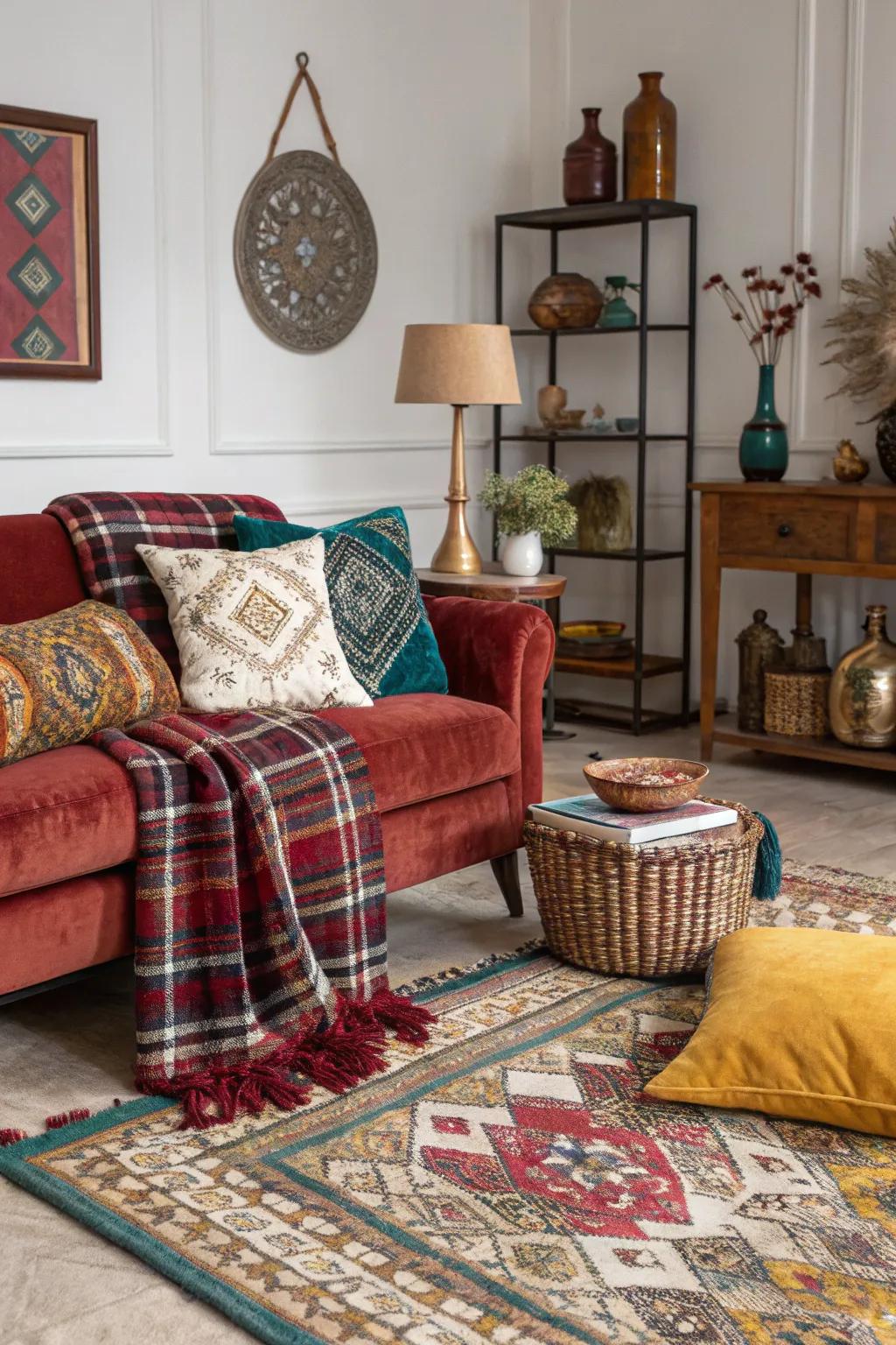 Mixing patterns and textures creates a dynamic space.