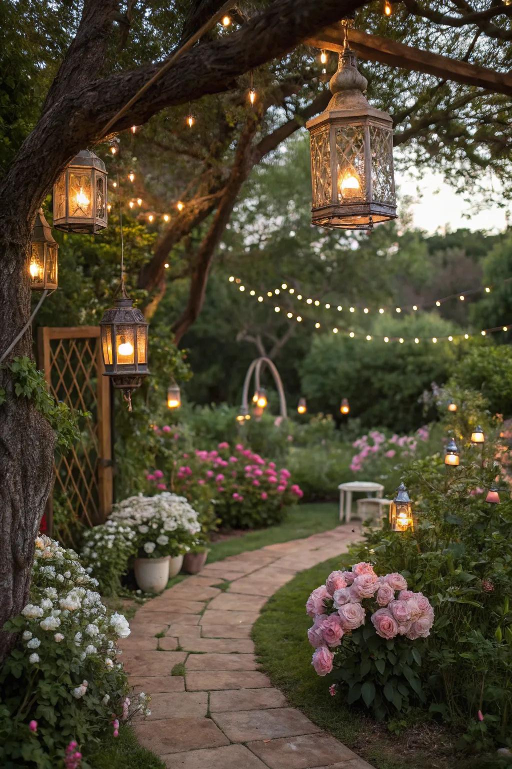 Outdoor lanterns and fairy lights create a magical atmosphere.